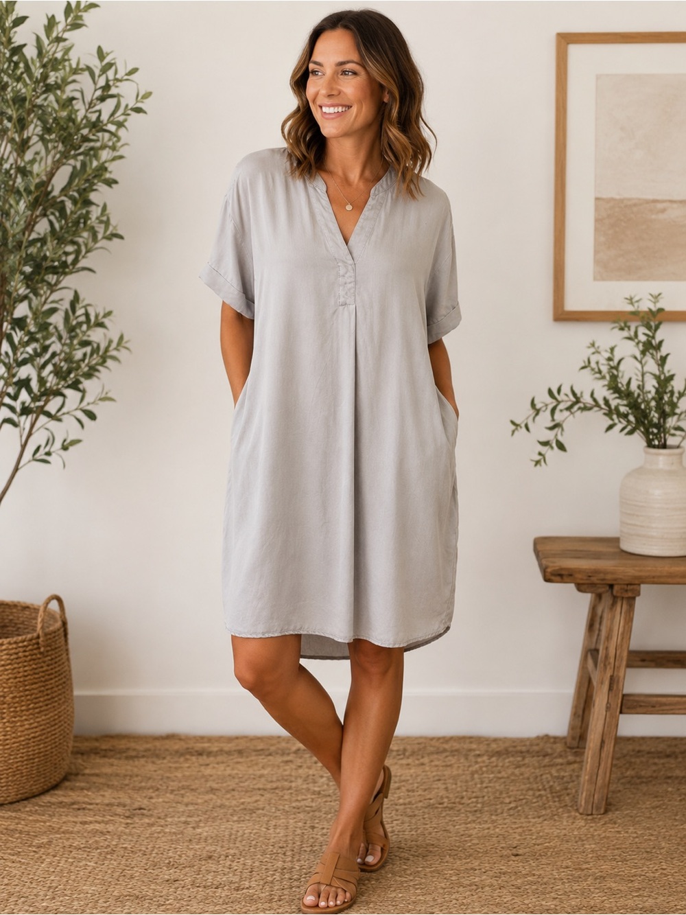 Hilary Radley Tan 100% Tencel Shirt Dress Size Large Normcore Minimalist Preppy
